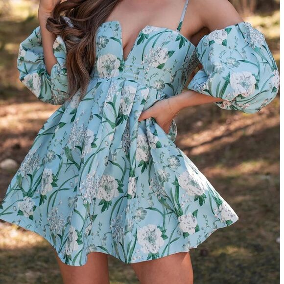 Ina - Aqua Blue Elegant Floral Puff Sleeve Dress - M - NWT - Picture 1 of 10